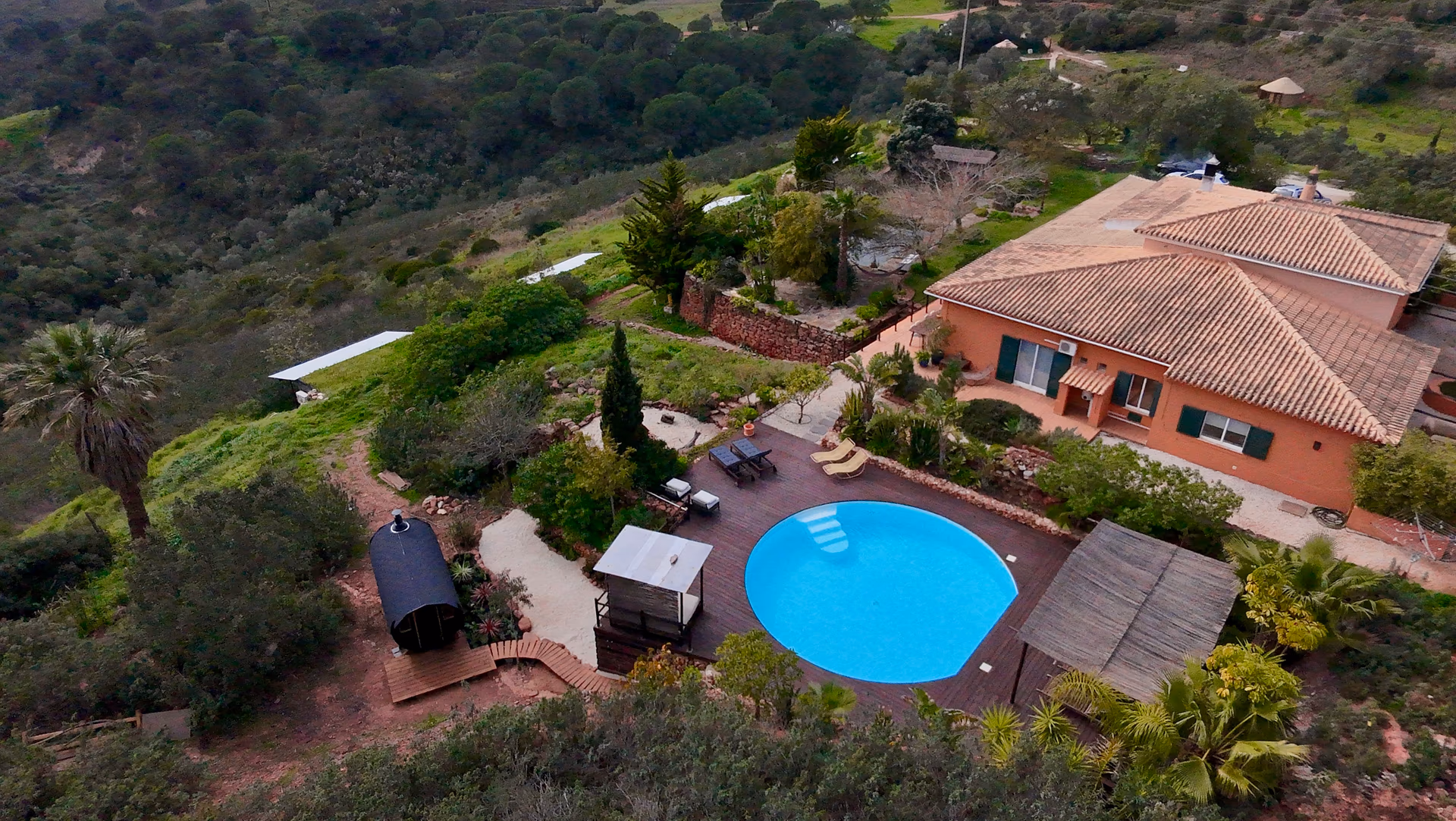 Rose Mountain estate from above - villa, pool and gardens in the south Algarve