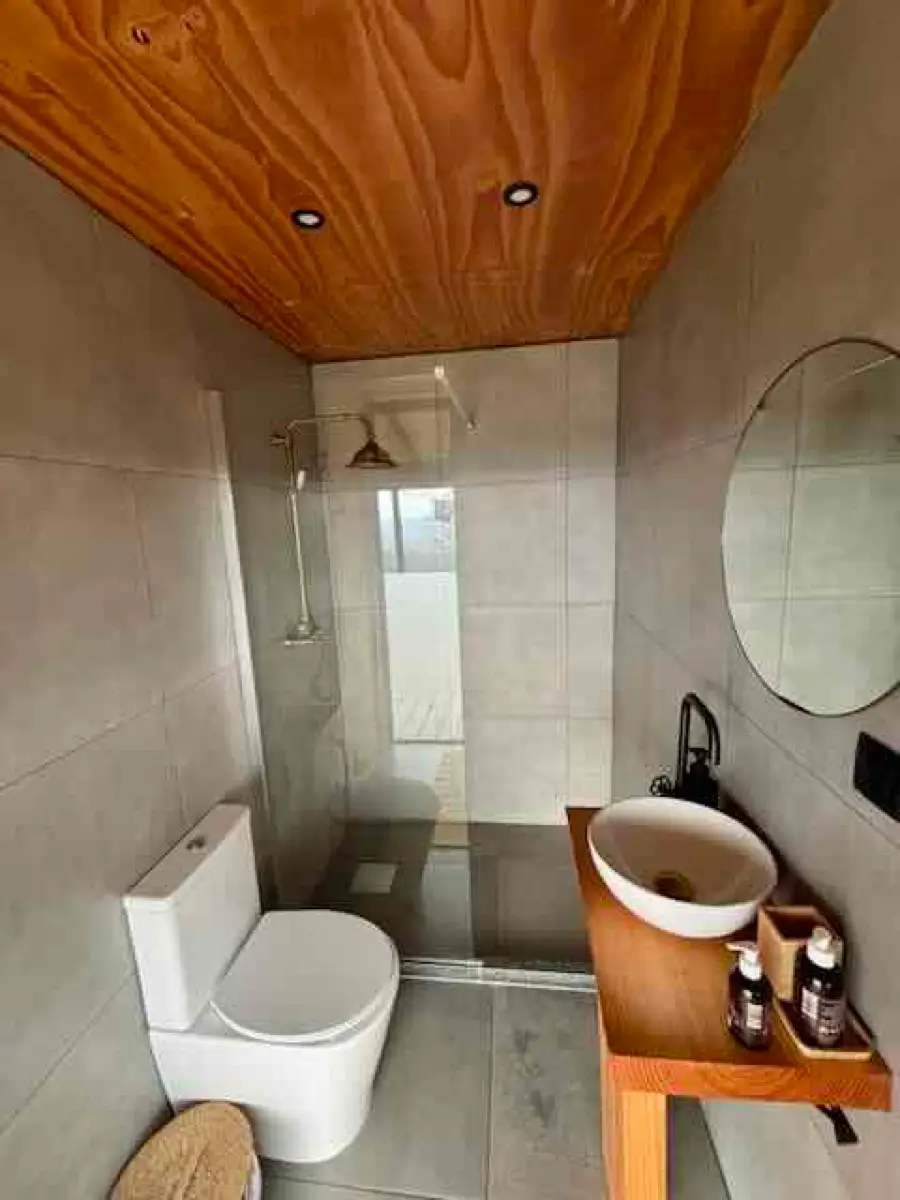 Tiny house bathroom - walk-in shower and vessel sink